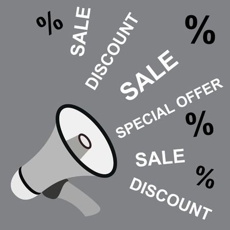 Grayscale megaphone icon with graphic sound sale and discount promotion or advertising and percent sign. Loudspeaker concept design Digital marketing ideas vector illustration stock vector.のイラスト素材