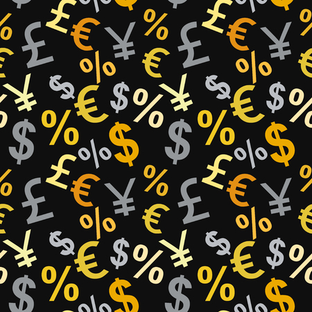 Money signs seamless pattern. Dollar, euro, Japanese yen, pound, percent symbols. Digital marketing and world financial market concept illustration for advertising. Vector illustration stock vector.のイラスト素材