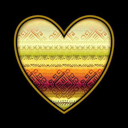 Love card with black heart shape and horizontal seamless tribal ornament pattern in lidht background. Geometric ethnic colorful design. Vector illustration stock vector.のイラスト素材