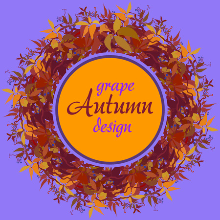 Autumn grape vine circle frame design and label with text place. Wilde grape with red orange leaves and berries. Autumn or fall wreath design background. Vector illustration stock vector.のイラスト素材