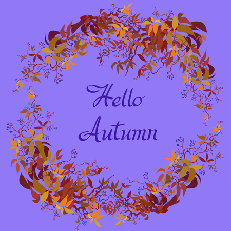 Autumn grape vine circle frame design and label with text hallo autumn. Wilde grape with red orange leaves and berries. Autumn or fall wreath design background. Vector illustration stock vector.のイラスト素材