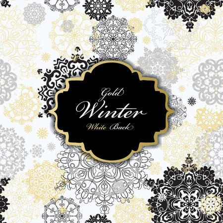 Winter seamless pattern with gold and white snowflakes and stars and silver background. Vintage black label and winter text place. Trend silver design. Vector illustration.のイラスト素材