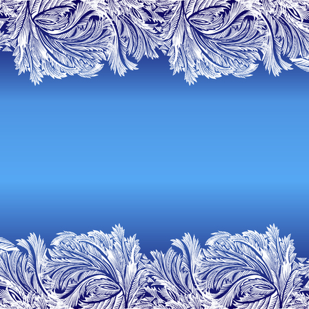 Horizontal frame frozen glass decor. Winter holyday blue frost background. Blue, cyan and white design banner with snow hoar frost ice for winter holiday template. Vector illustration stock vector.のイラスト素材