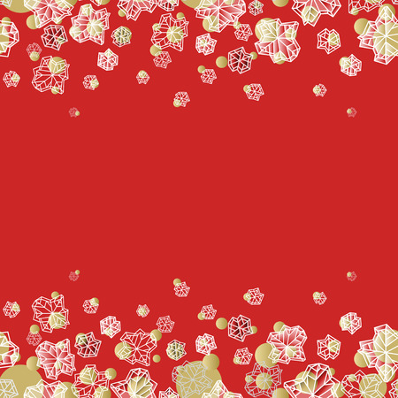 Horizontal border frame. Winter polygonal trendy style snowflakes on red gold background. Winter holidays snowfall concept winter label. Fall snowflake snow red white vector illustration stock vector.のイラスト素材
