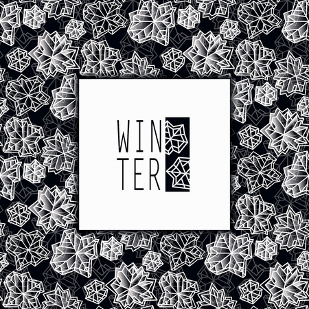 Square border frame. Winter polygonal trendy style snowflakes on black white background. Winter holidays snowfall concept winter label.のイラスト素材