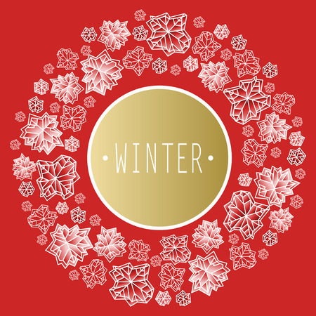 Round circle frame. Winter polygonal trendy style snowflakes on red background. Winter holidays snowfall concept with winter label.のイラスト素材