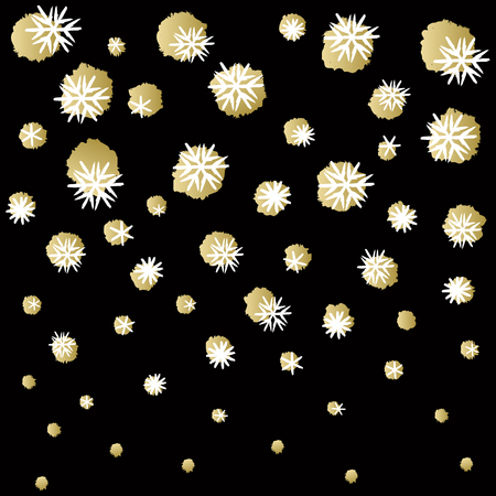 Black design with golden snowfall on black background. Holiday trendy black and gold frame. For winter holiday greetings card.のイラスト素材