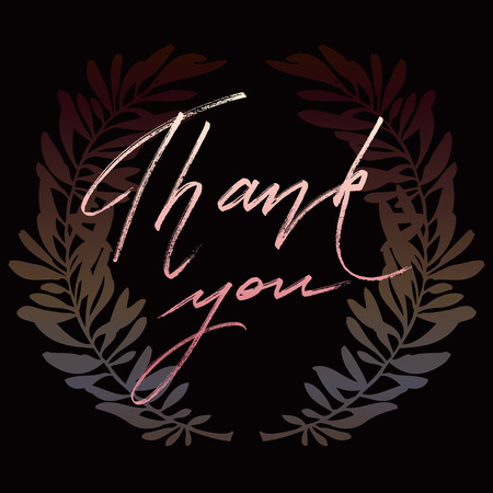Thank you hand drawn lettering calligraphy text on black background with dark olive branches. Grateful lettering. Vector illustration stock vector.のイラスト素材