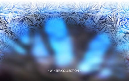 Winter blue blur background with frost hoar border frame. Horizontal arc frozen glass design. Vector illustration stock vector.のイラスト素材
