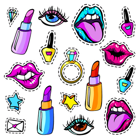 Decorative fashion patch badges set with colorful girls elements in white isolated. Girl patches in comic cartoon 80-90 style. Vector illustration stock vector.のイラスト素材