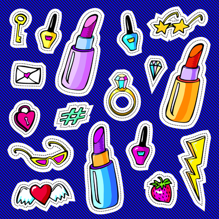 Decorative fashion patch badges set with colorful girls elements. Girl patches in comic cartoon 80-90 style. Vector illustration stock vector.のイラスト素材