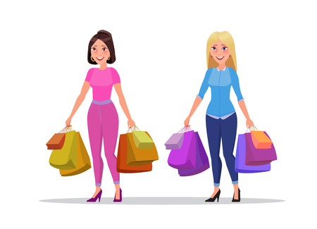 Happy shopping girl or woman with bags. Big Sale.のイラスト素材
