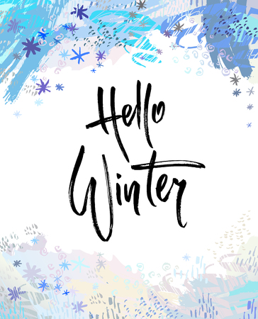 Hello winter brush lettering calligraphy. Handwritten text for cards, invitations, templates with blue snowflake design.の写真素材
