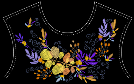 Ethnic embroidery leaves branches floral design for neckline. Fashion satin stitch stitches ornament on black for textile, fabric traditional folk decoration. Vector illustration stock vector.のイラスト素材