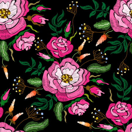 Ethnic embroidery red rose flowers floral seamless pattern design. Fashion satin stitch stitches ornament on black for textile, fabric traditional folk decoration. Vector illustration stock vector.のイラスト素材
