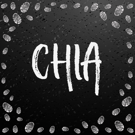 Chia seeds hand drawn white chalk lettering note or message with seeds border frame on blackboard. Background for package design or organic food or yogurt. Vector illustration stock vector.のイラスト素材