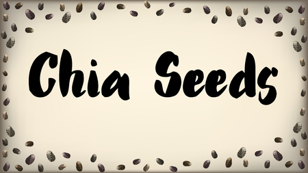 Chia seeds hand drawn black white lettering note or message with seeds border frame. Background for package design or organic food or yogurt. Vector illustration stock vector.のイラスト素材