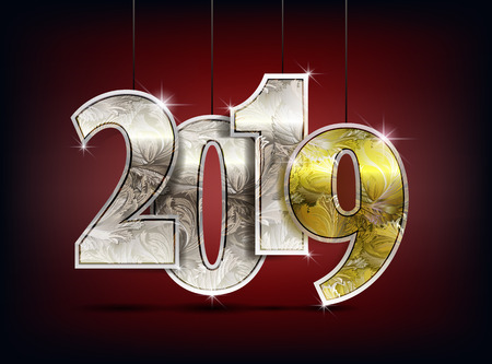 2019 year silver golden yellow frost shine design on darck background 2019 creative design for greetings card, flyers, invitation, posters, brochure, banners, calendar Vector stock illustration.のイラスト素材