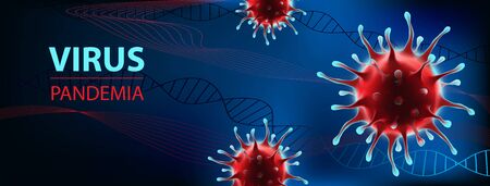 Common human epidemia, pandemia coronavirus banner for awareness alert disease spread, symptoms or precautions. Horizontal social media banner virus infected microscopic view design stock vector.のイラスト素材