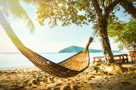 Empty hammock between palm trees on tropical beach. Paradise Island for holidays and relaxation.の写真素材