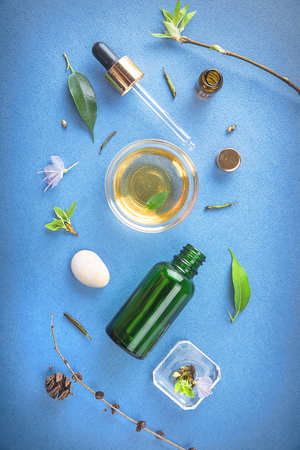 The minimal style. Natural cosmetics, handmade, skin and body care. Cosmetic packaging, herbal ingredients. Flat lay.の写真素材