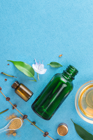 The minimal style. Natural cosmetics, handmade, skin and body care. Cosmetic packaging, herbal ingredients. Flat lay.の写真素材