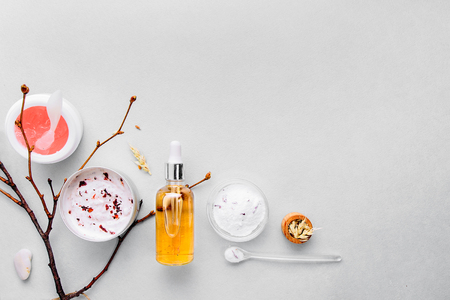 Organic bio cosmetics with herbal ingredients .Natural extract of amber, gold. Oils serum .handmadeの写真素材