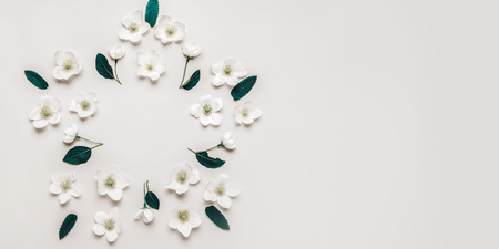Creative layout of white flowers and plants with copy space for writing. Bannerの写真素材