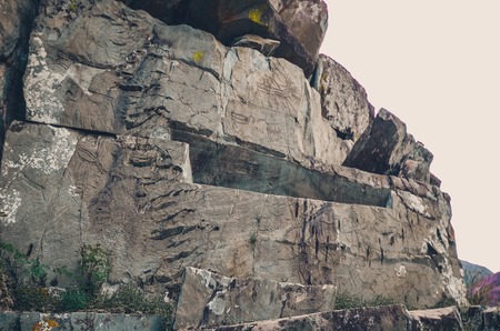 Rock with drawings of ancient people. Chui tract, Altai. Valley Chuya. Petroglyphic complex Kalbak-Tashの写真素材