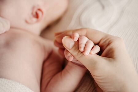 Little handle newborn baby in moms big hand. Concept hrukosti and innocence