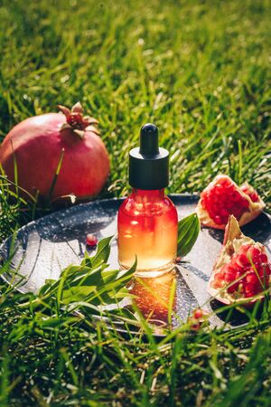 Pomegranate seed oil, serum in glass bottle on a decorative grater, on green grass background. Flat lay, minimalism. Concept of anti-aging organic skin care.の写真素材
