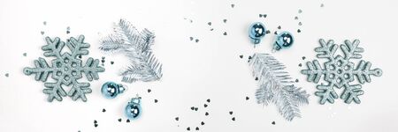 Merry Christmas, Happy Holidays Banner New Year. Christmas silver decor on white background. Flat layの写真素材