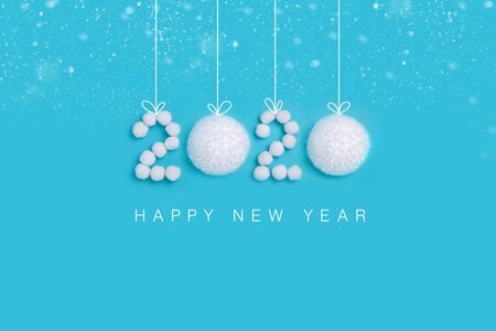 Celebrating New Year 2020. Figures from snow balls on blue background Minimalism
