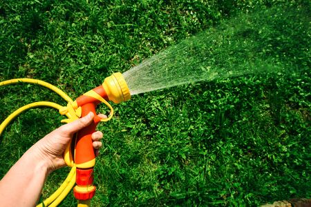 Hand holds yellow hose with nozzle on a background of green grass of the garden with water splashes. The concept of landscaping and park care. Copy spaceの写真素材
