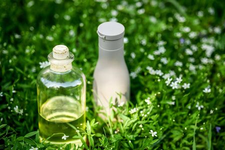 Natural organic oil, serum in a bottle and hair shampoo on a green grassy background. Close-up. Flat lay. Natural Hair Care Conceptの写真素材