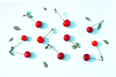 Pattern from Beautiful ripe cherries berries. Comfort food concept. Summer background. Banner. Flat...