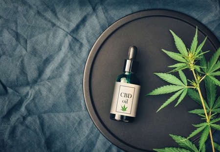 Medical marijuana and cannabis products CBD oil, hemp leaves on a dark background. Flat lay, copy space Mockupの写真素材
