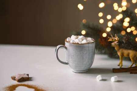 Hot cocoa with marshmallows in a Christmas atmosphere with gingerbread.
