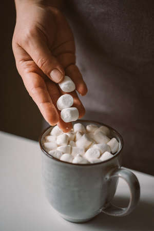 Woman puts marshmallows in a hot cocoa mug. Festive atmosphereの写真素材