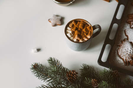 Christmas background with homemade gingerbread and hot cocoa, christmas tree, decorの写真素材