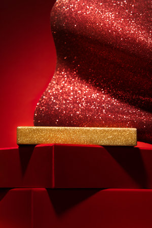 Majestic red podium made of gift boxes and shiny decor.の写真素材