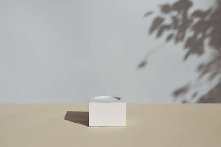 Podium for natural cosmetics, mockup for showcase with plant shadows.