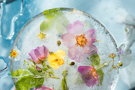 Colorful background of summer flowers and roses in frozen water with bubblesの写真素材