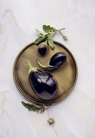 Beautiful minimalistic composition of eggplants on a round dish , marble background.の写真素材