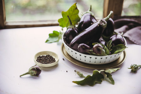 Purple eggplants of various shapes on a platter on a light table by the windowの写真素材