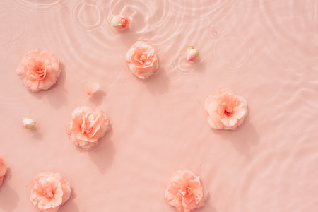 Water background. Natural pattern with pink roses on surface of water close-up