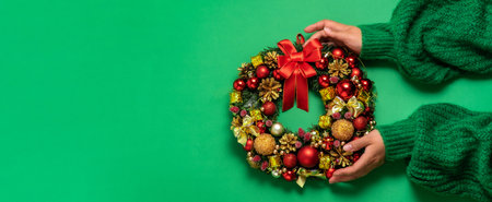 Christmas fir wreath with festive decor in female hands on green backgroundの写真素材