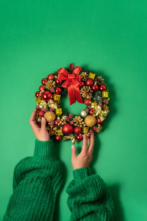 Christmas fir wreath with festive decor in female hands on green backgroundの写真素材