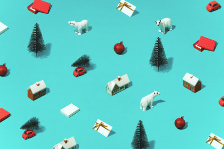 Trendy Christmas pattern with various winter and New Year objects on bright blue backgroundの写真素材