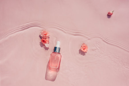 Pink bottle with transparent serum, collagen, pink water background with flowersの写真素材